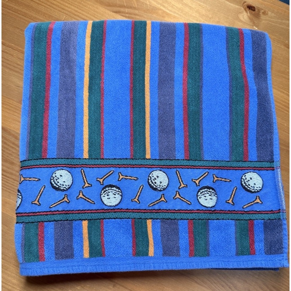 Vintage Retro 90s Beach Towel Golf Balls & Tees Plush Stripes Blue Green Yellow